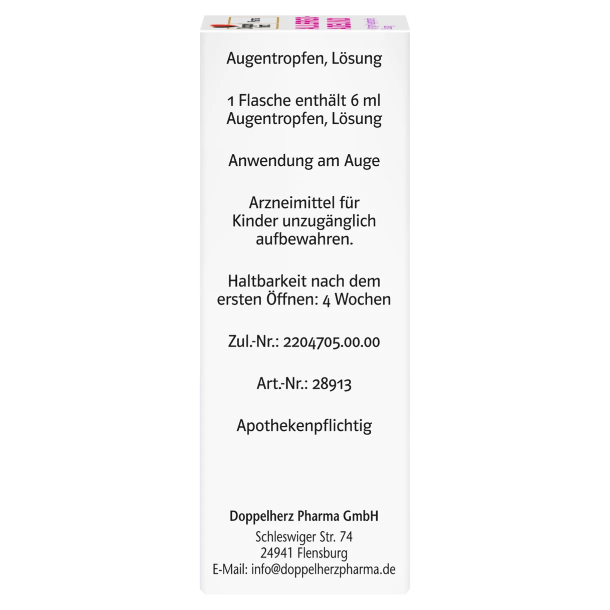 Abbildung der Produktverpackung DoppelherzPharma ALLERGO-AZELIND 0,5 mg/ml Augentropfen, Lösung Seitenansicht links